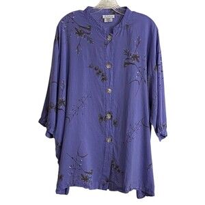 Vintage Amanda Gray Size 2X Tencel Blouse Purple Floral Button-Up Cottagecore